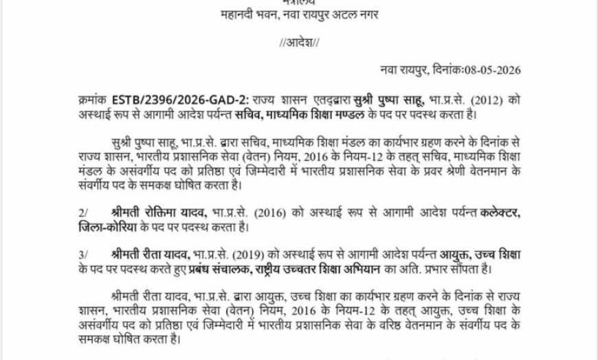 पुष्पा साहू बनीं माध्यमिक शिक्षा मंडल की सचिव,  रोक्तिमा यादव को कोरिया कलेक्टर की कमान